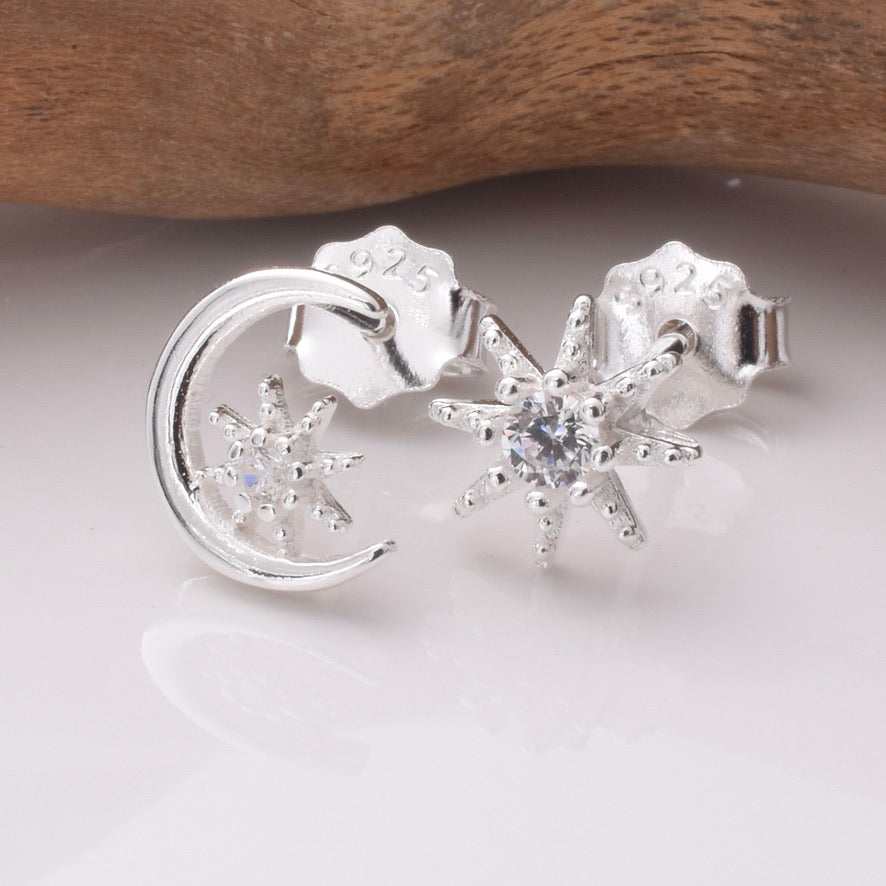 S889 - 925 silver CZ sun and moon stud earrings
