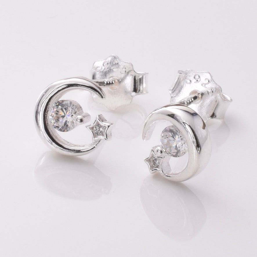 S888 - 925 silver CZ moon and star stud earrings