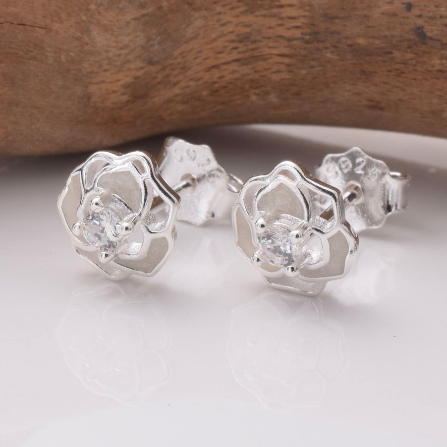 S887 - 925 silver CZ flower stud earrings
