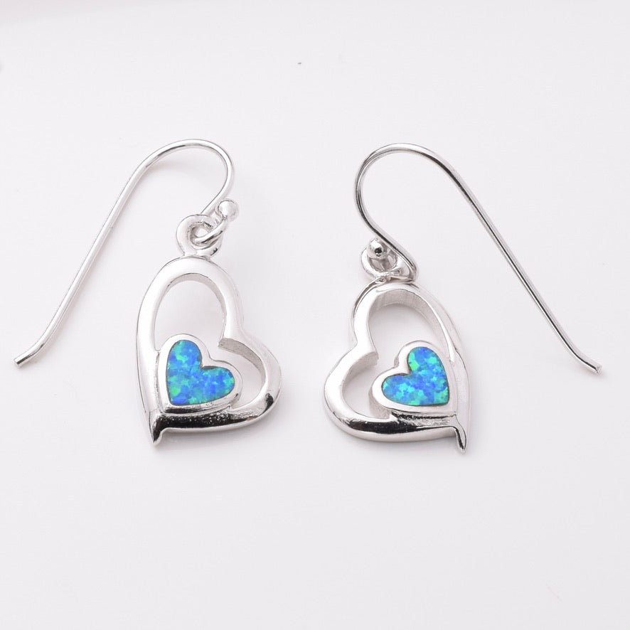 E896 - 925 silver lab grown opal double heart earrings