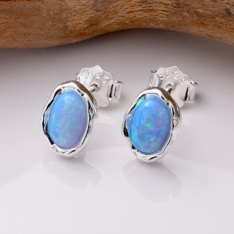 S854 - 925 silver stud blue opal irregular earrings