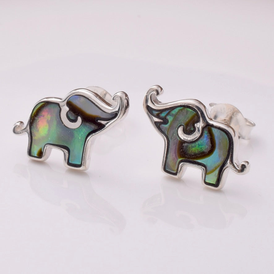 S934 - 925 silver & abalone elephant stud earrings