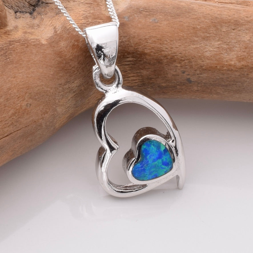 P1187 - 925 silver lab grown opal double heart pendant