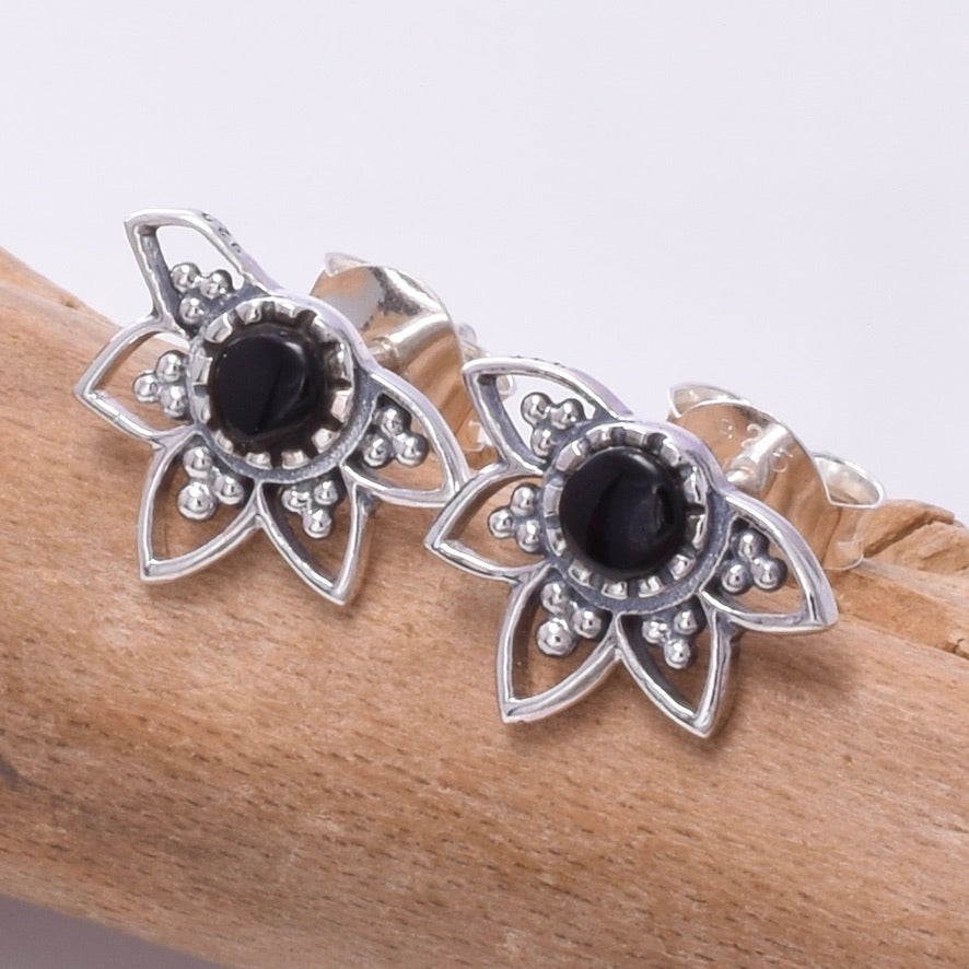 S668 - Silver lotus flower stud earring black agate