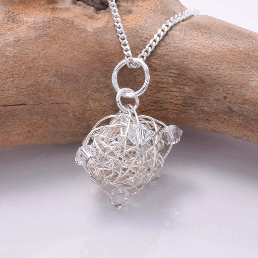 P826 - 925 Silver mesh and crystal ball pendant