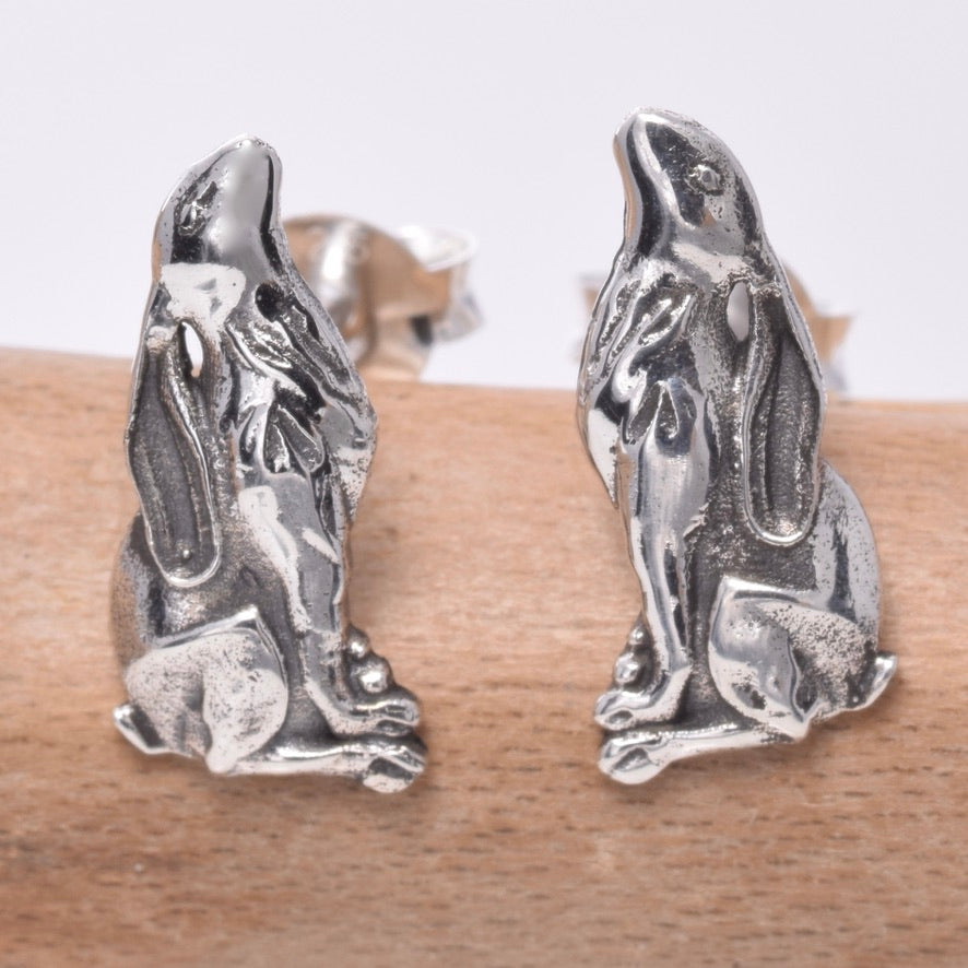 S615 - Sterling silver moon gazing hare stud earrings