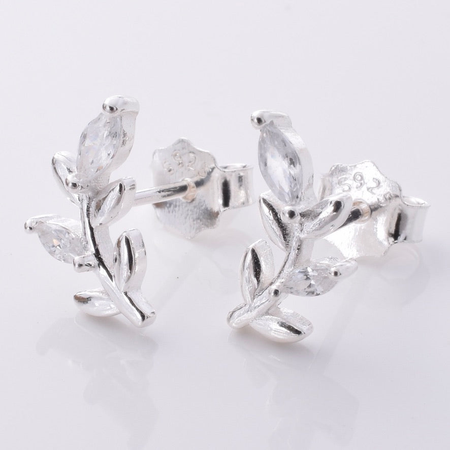 S721 - 925 Silver CZ and leaf stud earrings