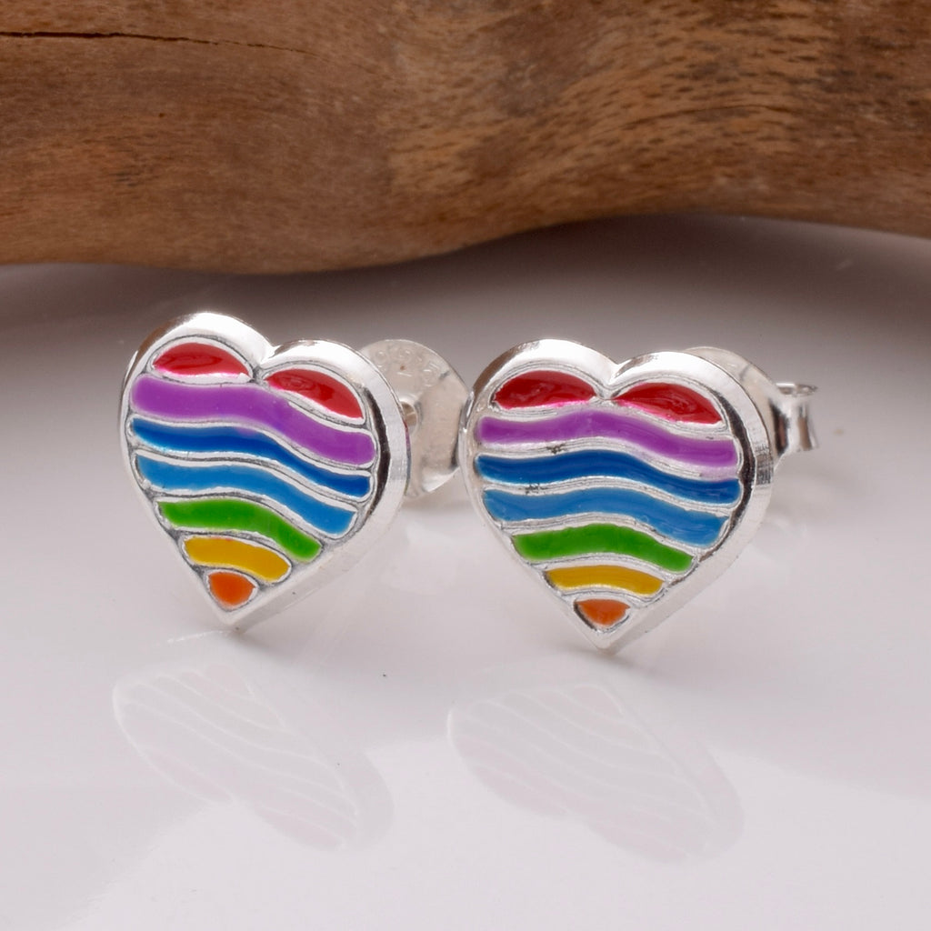 S914 - 925 silver rainbow stripe heart stud earrings