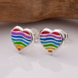 S914 - 925 silver rainbow stripe heart stud earrings