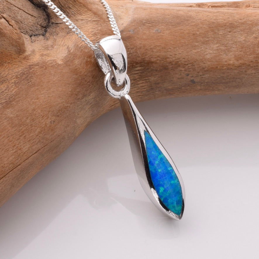P1186 - 925 silver lab grown opal slimline teardrop pendant