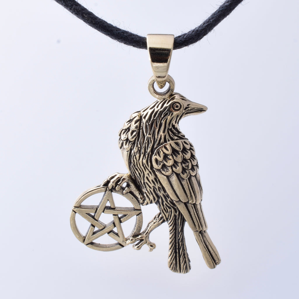 P1291 - Solid bronze raven pentagram pendant