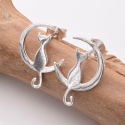 S974 - 925 silver cat and crescent stud earrings