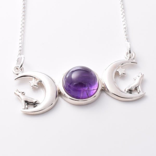 Wolf Moon Java P1034 - 925 amethyst triple moon wolf necklace – Java Designs