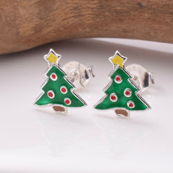 S966 - 925 silver enamel xmas tree stud earrings