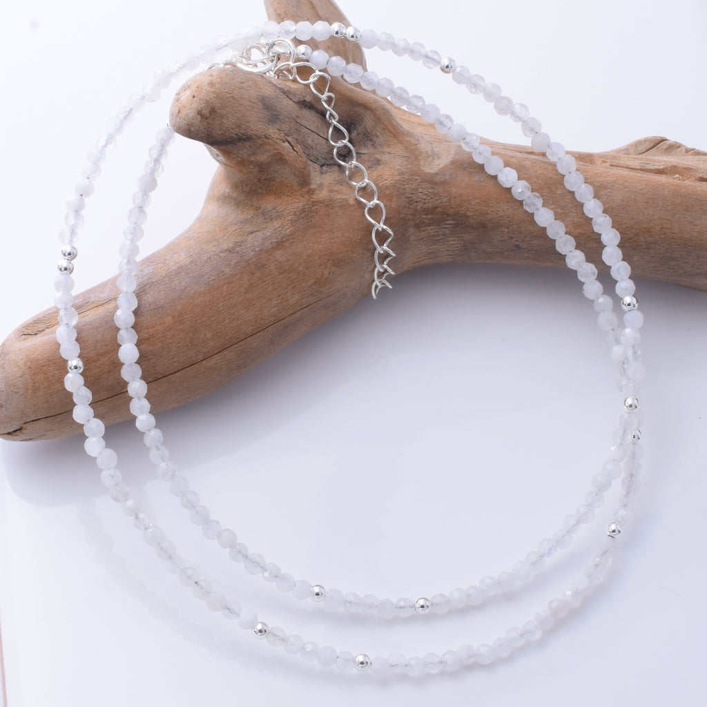 N018 - 925 silver and 2mm faceted moonstone bead necklace