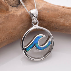 P1188 - 925 silver lab grown opal disc wave pendant