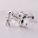 S883 - 925 silver cat and fishbone stud earrings