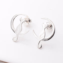 S974 - 925 silver cat and crescent stud earrings