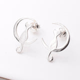 S974 - 925 silver cat and crescent stud earrings