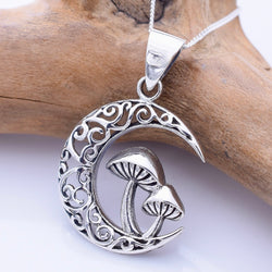 P1327 - 925 silver crescent moon and toadstools pendant