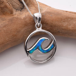 P1188 - 925 silver lab grown opal disc wave pendant