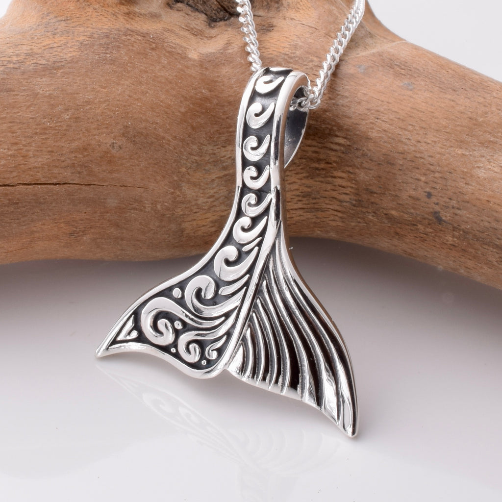 P1074 - 925 silver filigree whale tail pendant