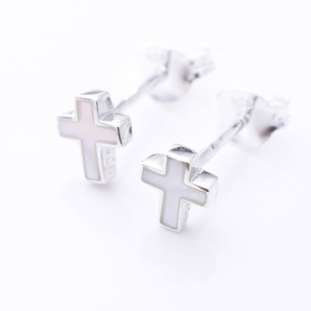 S1058 - 925 silver white MOP tiny cross stud earrings