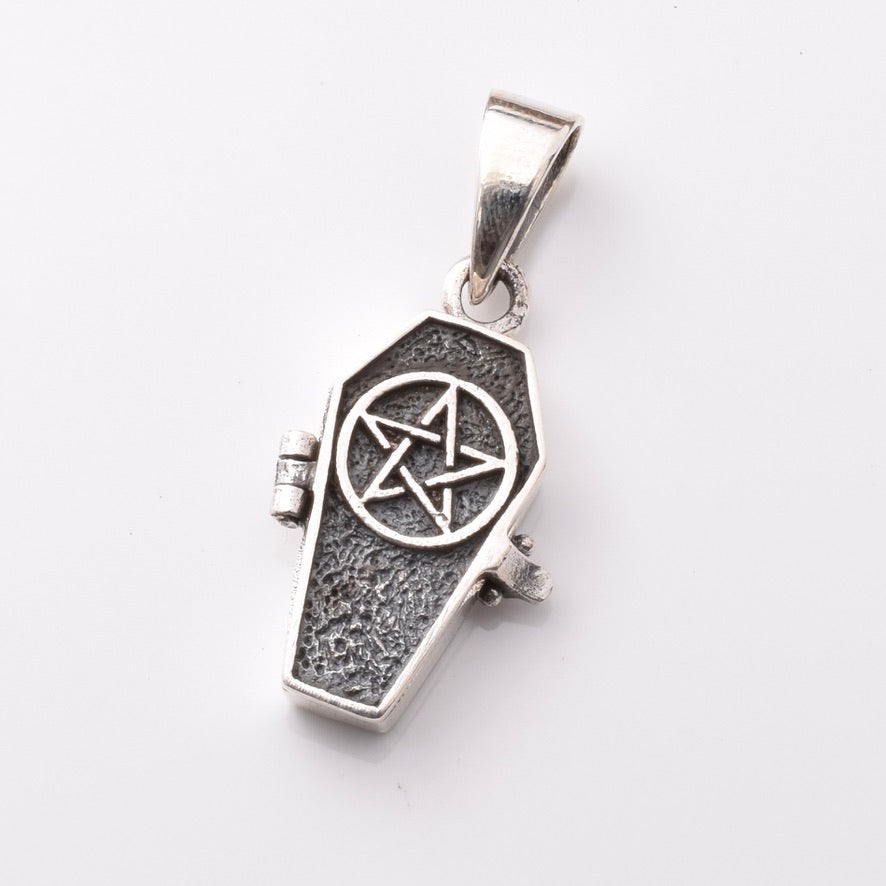 P1210 - 925 silver pentagram coffin locket pendant