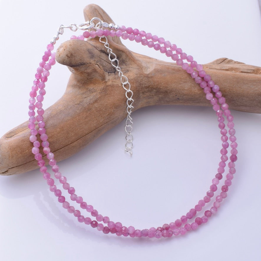 N016 - 925 silver and 2mm faceted pink tourmaline bead necklace
