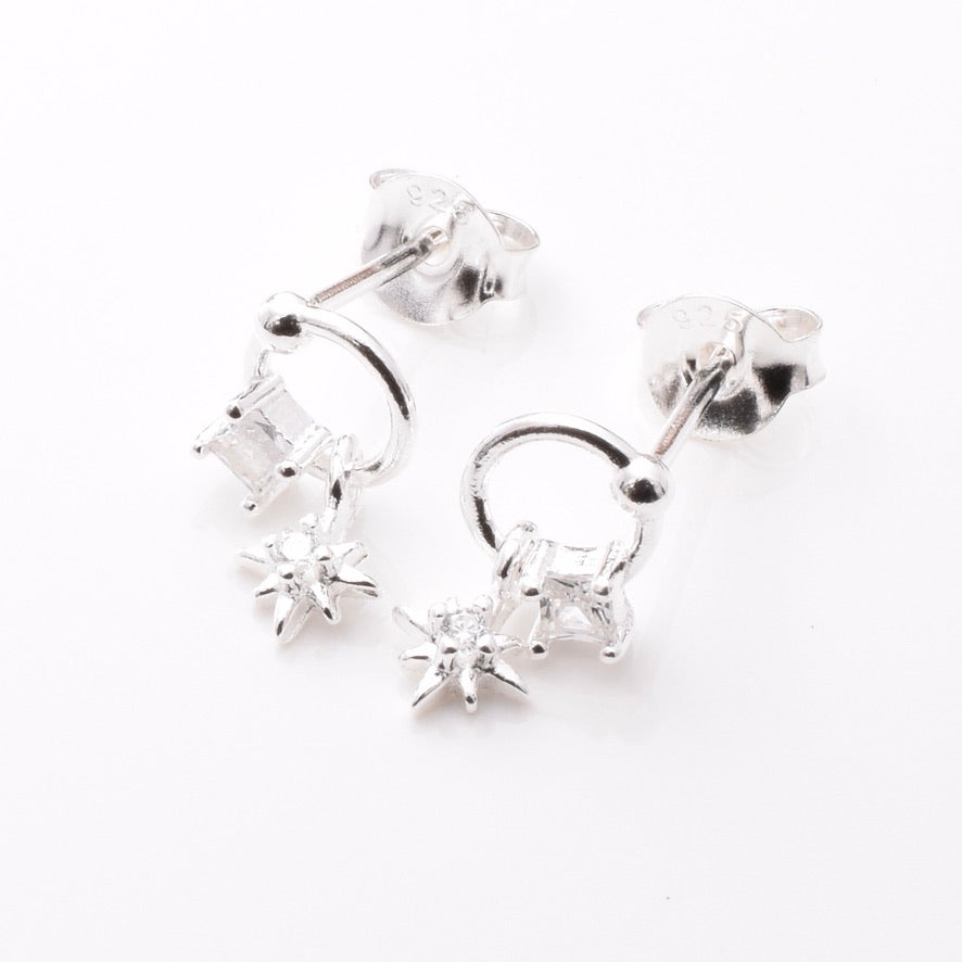 S1005 - 925 silver & cz tiny north star hoop stud earrings