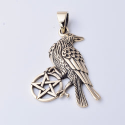 P1291 - Solid bronze raven pentagram pendant