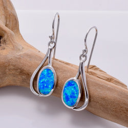 E514 - Art deco design silver & blue opal earrings