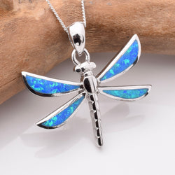 P1194 - 925 silver lab grown opal dragonfly pendant