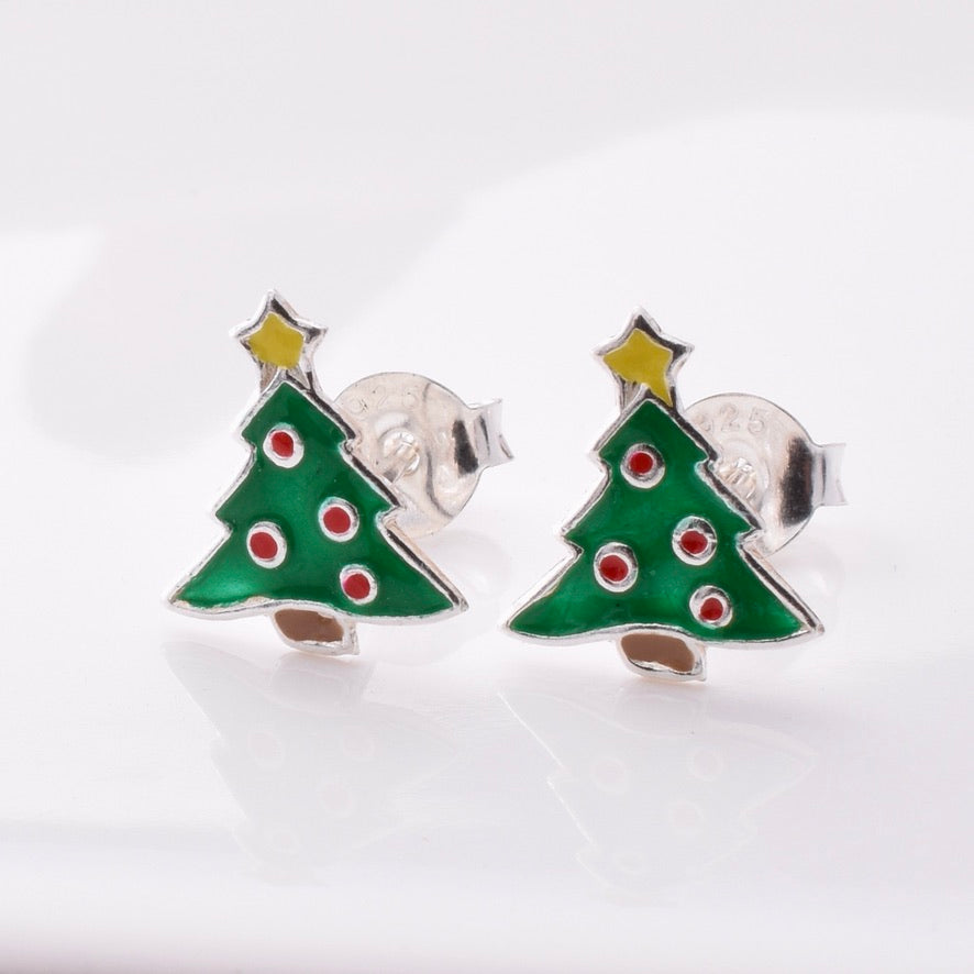 S966 - 925 silver enamel xmas tree stud earrings