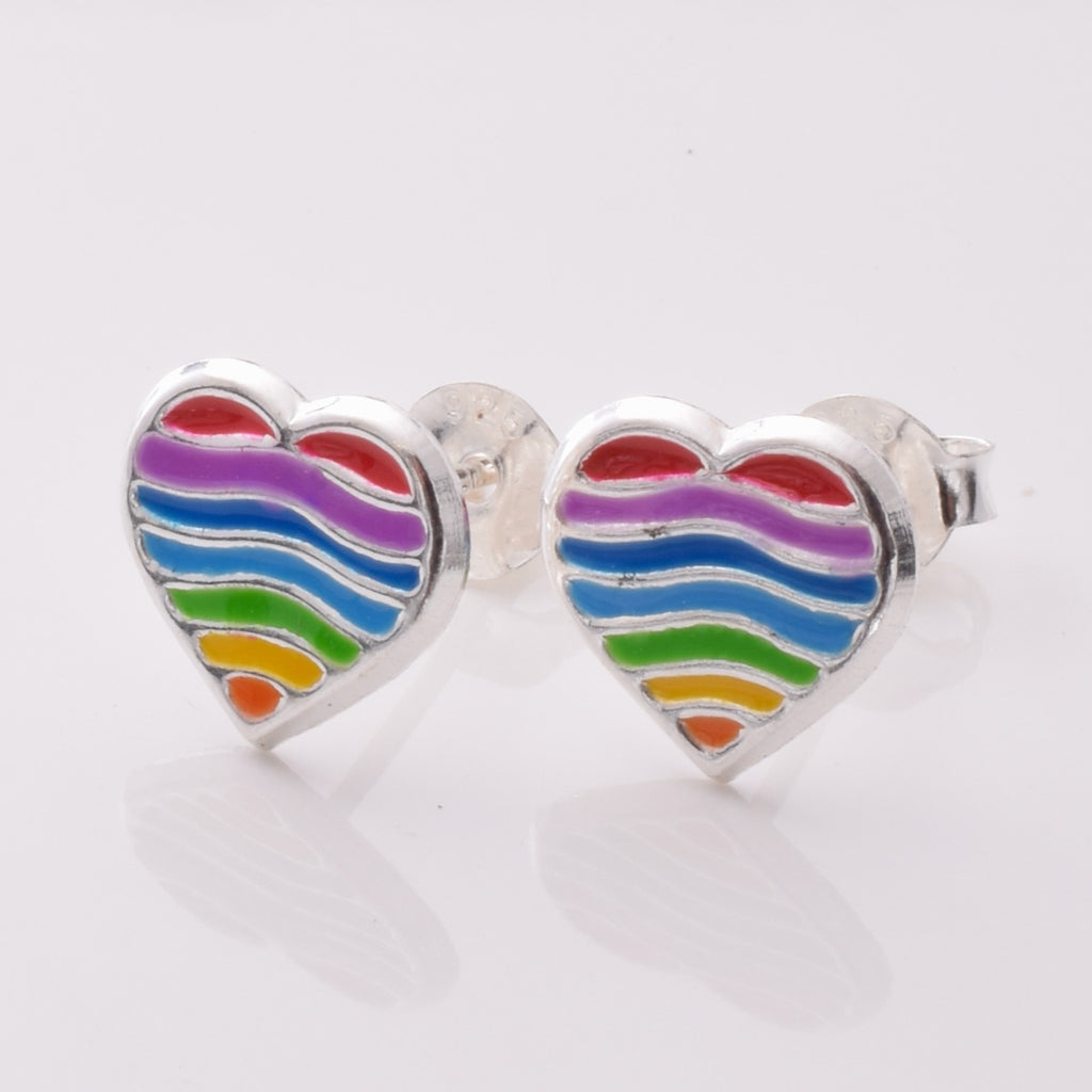 S914 - 925 silver rainbow stripe heart stud earrings