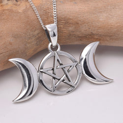 P747 - Silver triple moon pentagram pendant