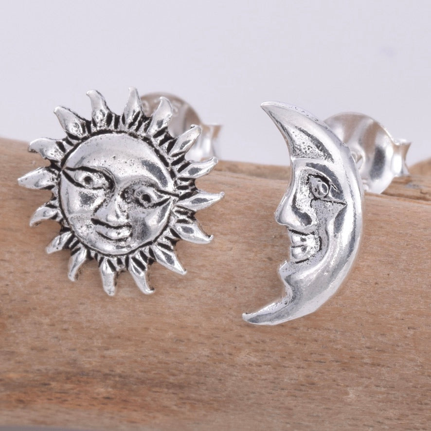 S612 - Silver Sun & Moon stud earrings