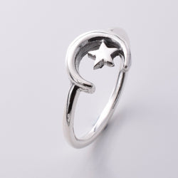 R214 - 925 Silver crescent moon and star ring