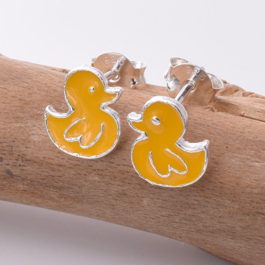 S542 - Cute yellow duck silver stud earrings
