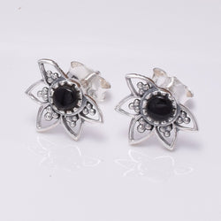 S668 - Silver lotus flower stud earring black agate