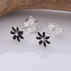 S717 - 925 Silver black enamel flower stud earring