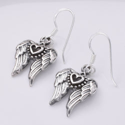 E742 - 925 Silver angel wing and heart earrings