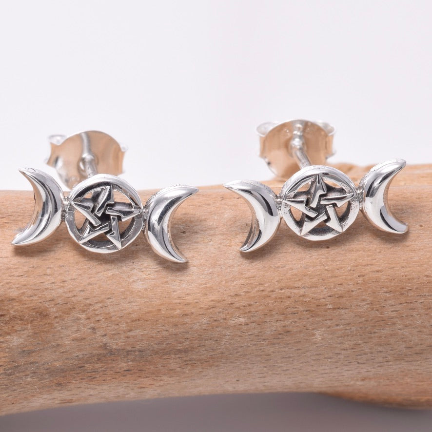 S614 - Silver triple moon stud earrings