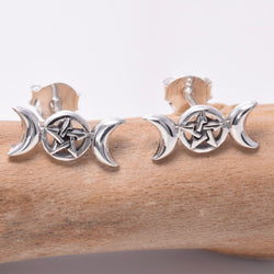 S614 - Silver triple moon stud earrings