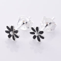 S717 - 925 Silver black enamel flower stud earring