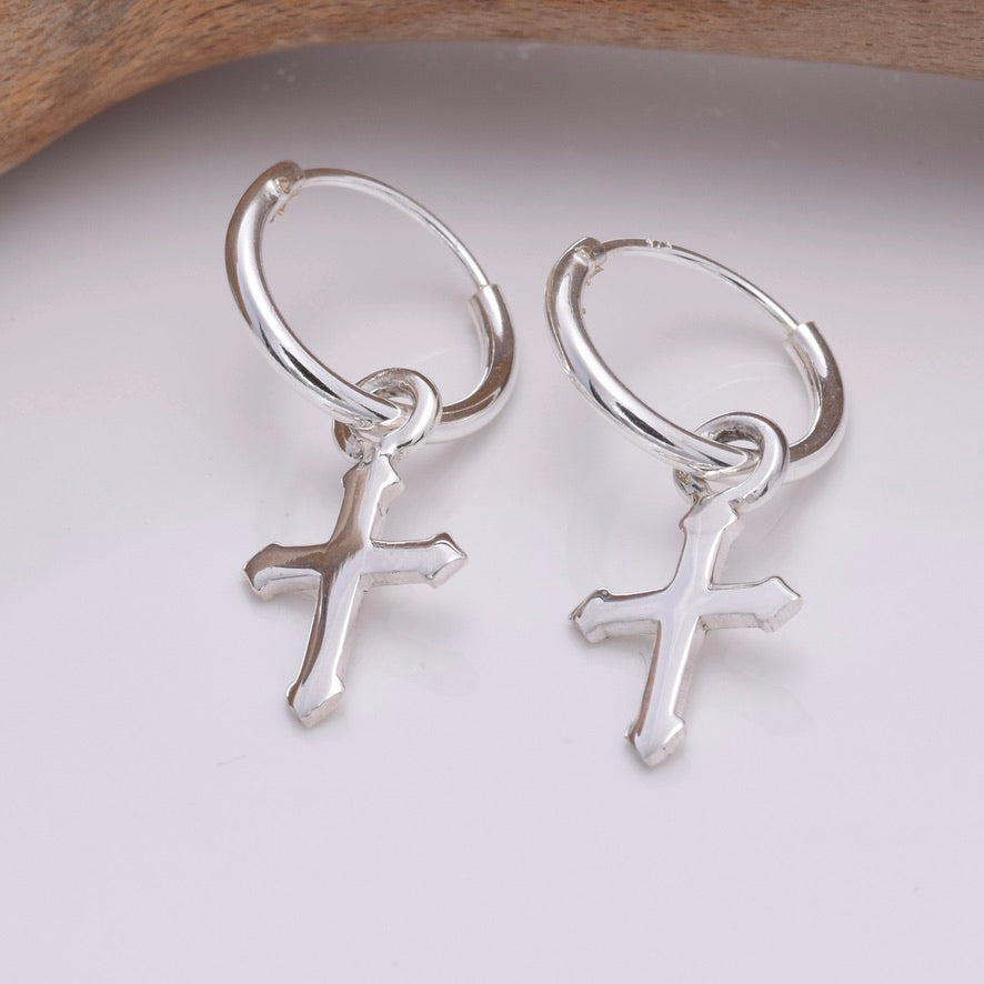 E644 Silver hoop and cross earrings Java Designs