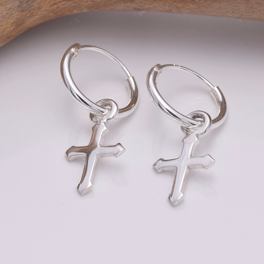 E644 - Silver hoop and cross earrings