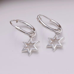 E645 - Silver hoop and six point star earrings