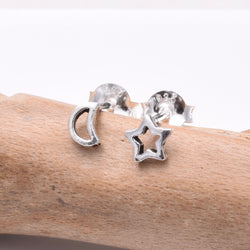 S659 - Silver tiny moon and star stud earrings