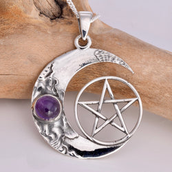 P345 - 925 silver amethyst crescent moon and pentagram